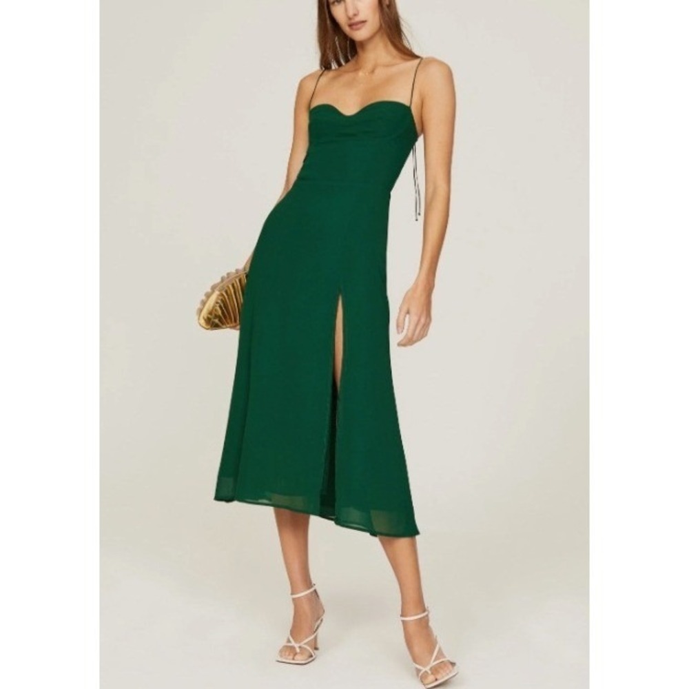 REFORMATION Juliette Crepe Midi Dress In Green Women Size 6 Sleeveless Side Slit